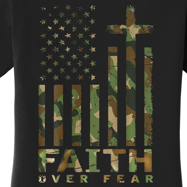 Military Camo Faith Over Fear Inspirational Christian Women's T-Shirt