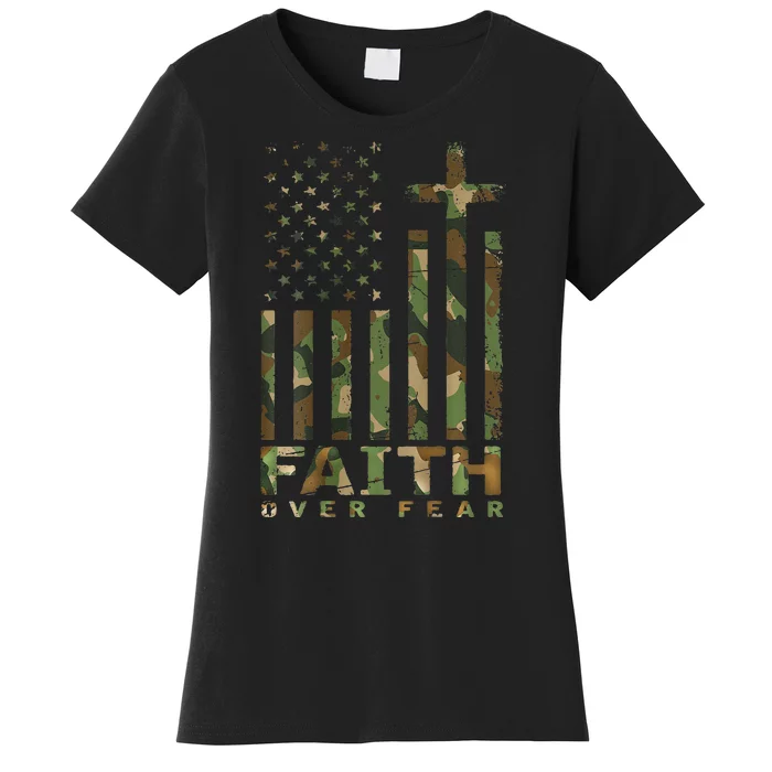 Military Camo Faith Over Fear Inspirational Christian Women's T-Shirt