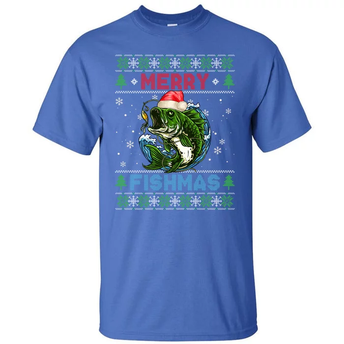 Merry Christmas Fishmas Ugly Xmas Sweater Santa Bass Fishing Great Gift Tall T-Shirt