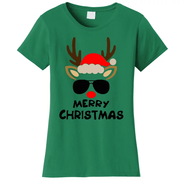 Merry Christmas Funny Reindeer Glasses Xmas Family Gift Women's T-Shirt