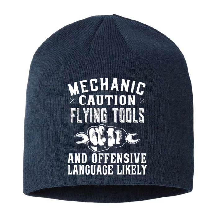 Mechanic Caution Flying Tools Funny Auto Mechanic 8 1/2in Sustainable Knit Beanie