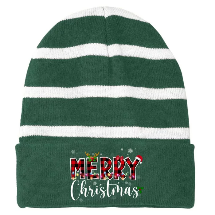 Merry Christmas Festive Cute Holiday Striped Beanie with Solid Band