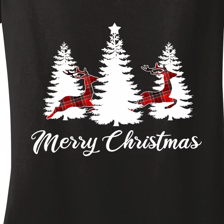 Merry Christmas For Buffalo Plaid Reindeer Tree Women's V-Neck T-Shirt