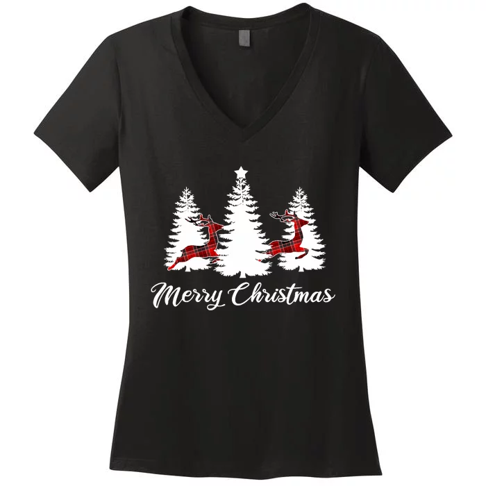 Merry Christmas For Buffalo Plaid Reindeer Tree Women's V-Neck T-Shirt