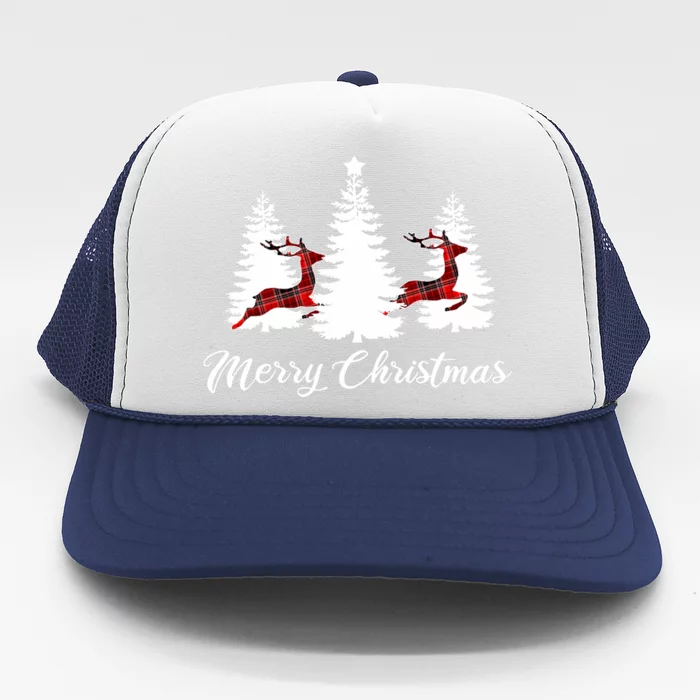 Merry Christmas For Buffalo Plaid Reindeer Tree Trucker Hat