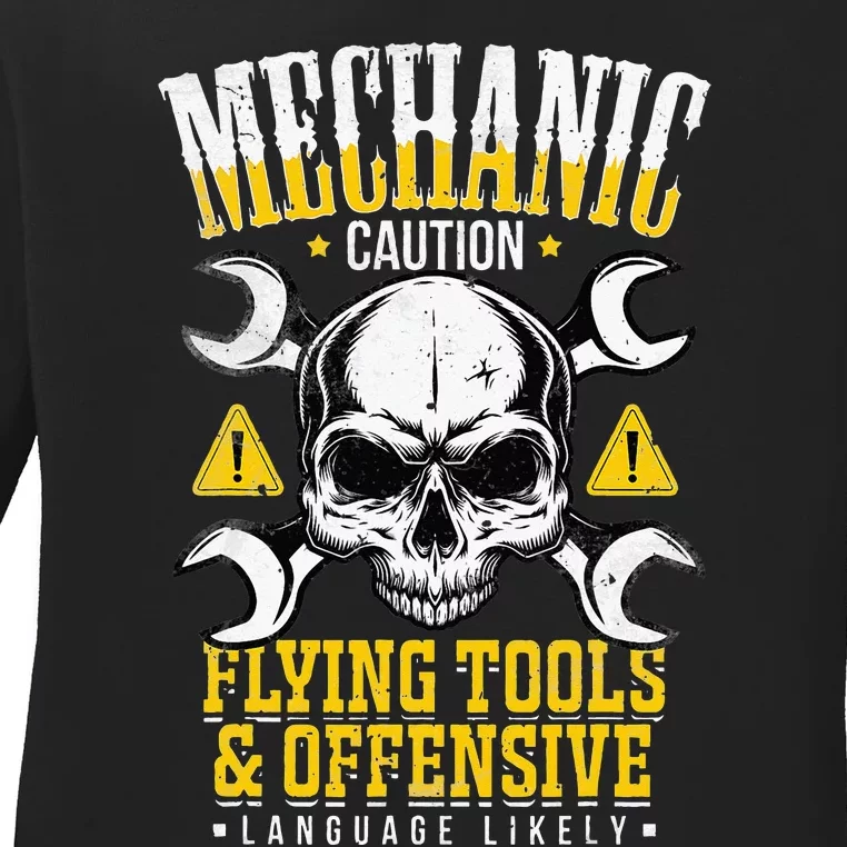 Mechanic Caution Flying Tools Car Mechanics Auto Mechanics Ladies Long Sleeve Shirt