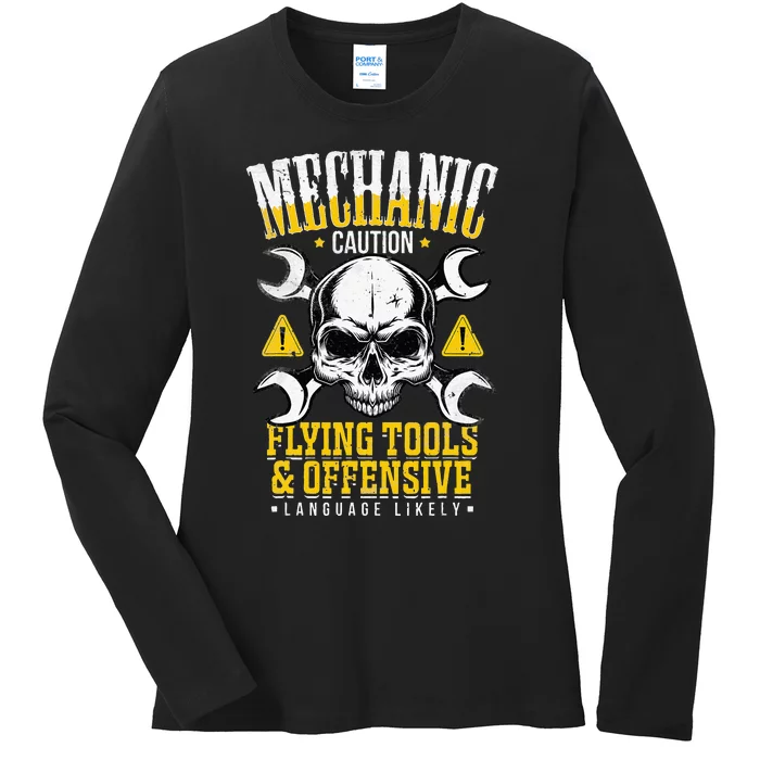 Mechanic Caution Flying Tools Car Mechanics Auto Mechanics Ladies Long Sleeve Shirt