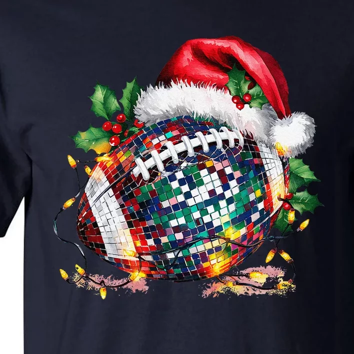 Merry Christmas Football Disco Ball Santa Hat Xmas Light Tall T-Shirt