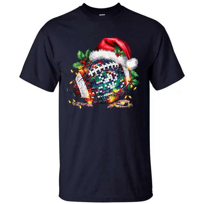 Merry Christmas Football Disco Ball Santa Hat Xmas Light Tall T-Shirt