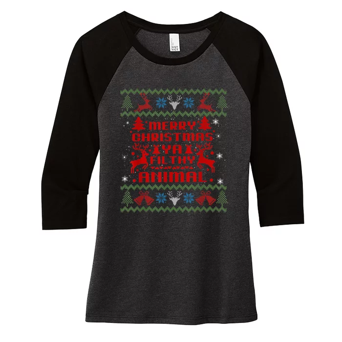 Merry Christmas-Ya Filthy Animal, Ugly Christmas Sweater Women's Tri-Blend 3/4-Sleeve Raglan Shirt