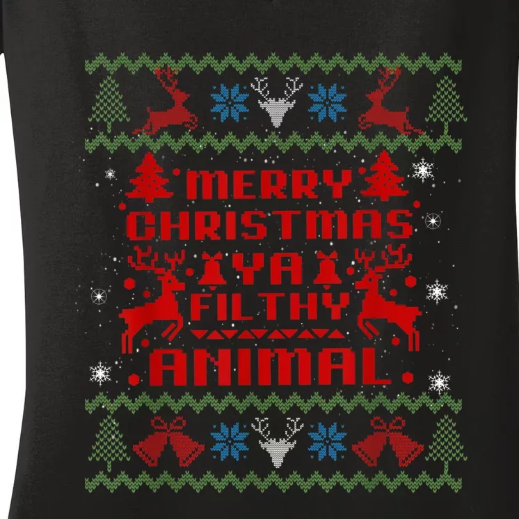 Merry Christmas-Ya Filthy Animal, Ugly Christmas Sweater Women's V-Neck T-Shirt