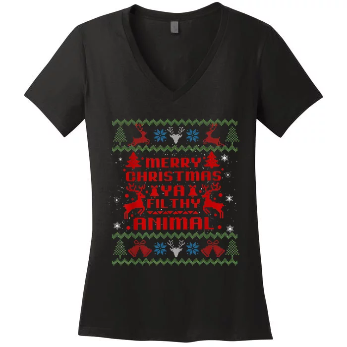 Merry Christmas-Ya Filthy Animal, Ugly Christmas Sweater Women's V-Neck T-Shirt