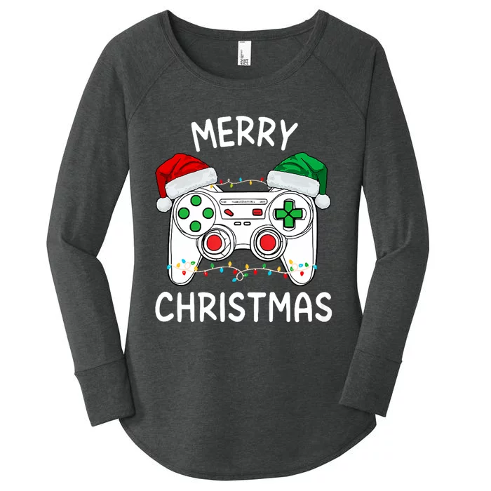 Merry Christmas Gamer Video Gaming Controller Santa Hat Xmas Tank Top Women's Perfect Tri Tunic Long Sleeve Shirt