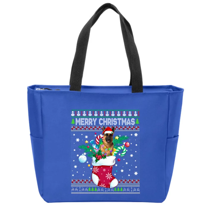 Merry Christmas Ger Shepherd Dog In Sock Funny Xmas Ugly Gift Zip Tote Bag