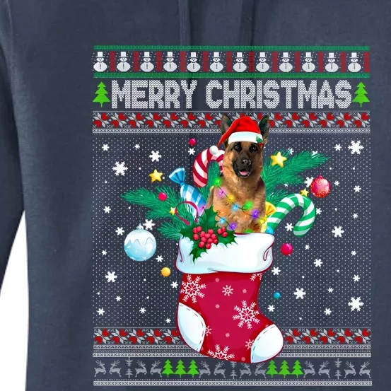 Merry Christmas Ger Shepherd Dog In Sock Funny Xmas Ugly Gift Women's Pullover Hoodie