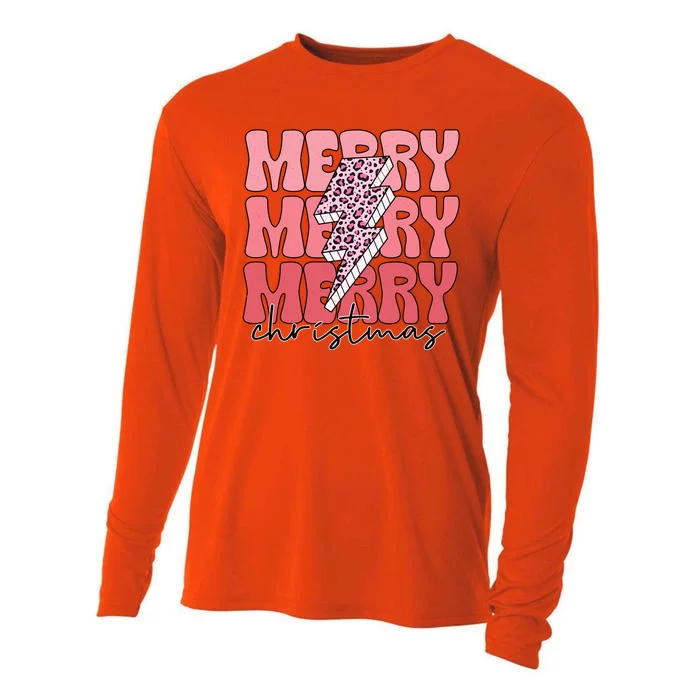 Merry Christmas Groovy Retro Lightning Bolt Cooling Performance Long Sleeve Crew