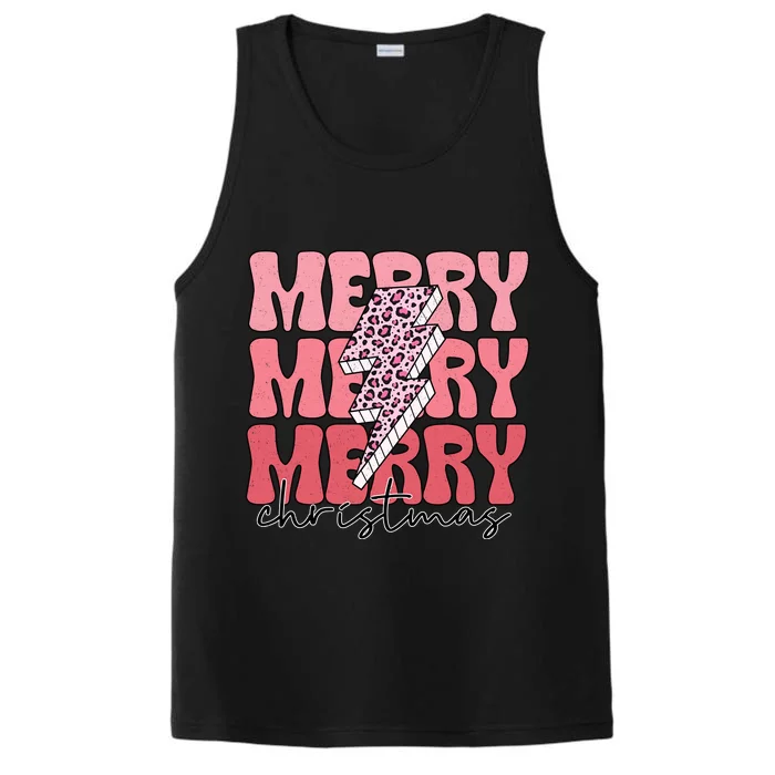 Merry Christmas Groovy Retro Lightning Bolt Performance Tank