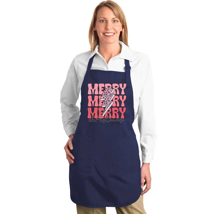 Merry Christmas Groovy Retro Lightning Bolt Full-Length Apron With Pocket