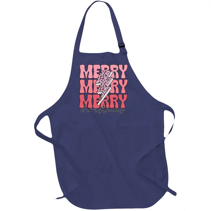 Merry Christmas Groovy Retro Lightning Bolt Full-Length Apron With Pocket