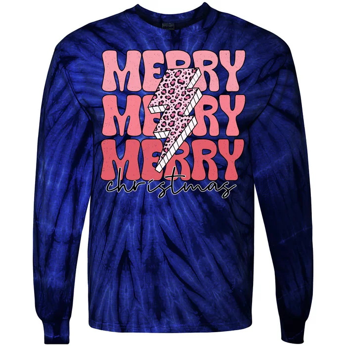 Merry Christmas Groovy Retro Lightning Bolt Tie-Dye Long Sleeve Shirt