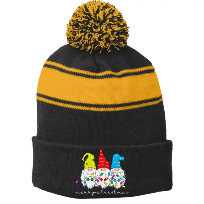 Merry Christmas Gnome Stripe Pom Pom Beanie