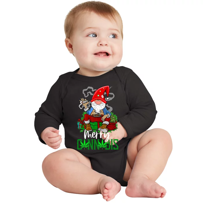 Merry Cannabis Gnome Smoking Cannabis Funny Christmas Baby Long Sleeve Bodysuit