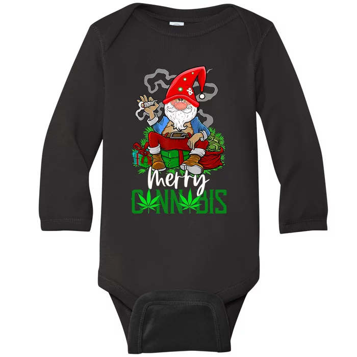 Merry Cannabis Gnome Smoking Cannabis Funny Christmas Baby Long Sleeve Bodysuit