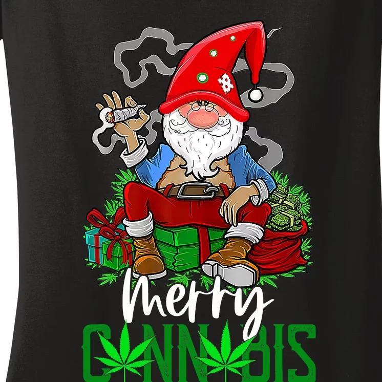 Merry Cannabis Gnome Smoking Cannabis Funny Christmas Women's V-Neck T-Shirt