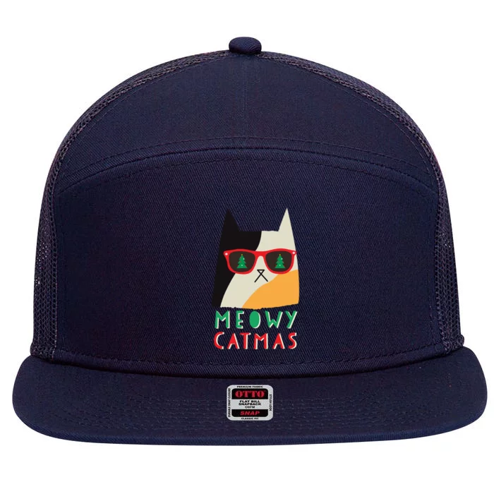 Meowy Catmas Great Gift 7 Panel Mesh Trucker Snapback Hat