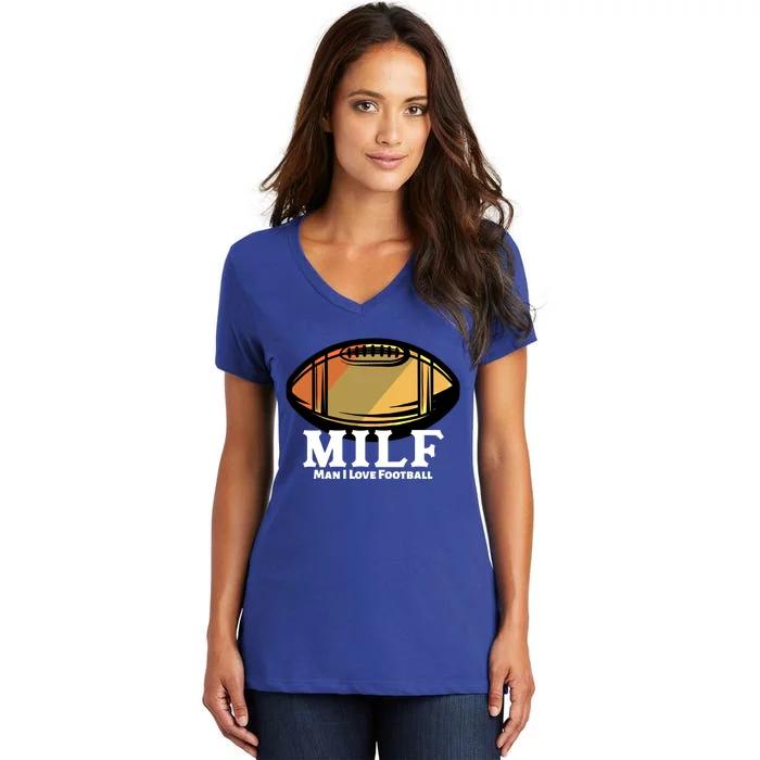 Milf Cool Gift I Love Football Retro Ball Gift Women's V-Neck T-Shirt