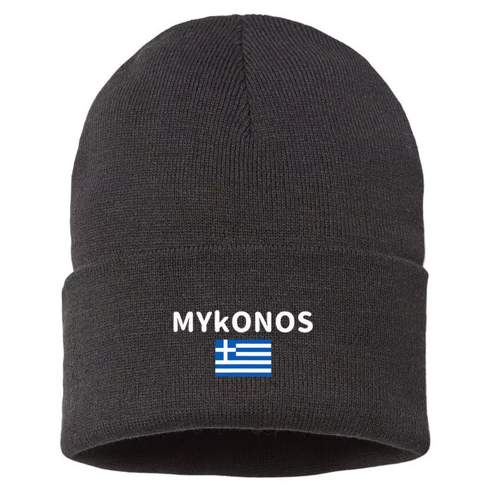 Mykonos City Greece Greek Flag Print Sustainable Knit Beanie