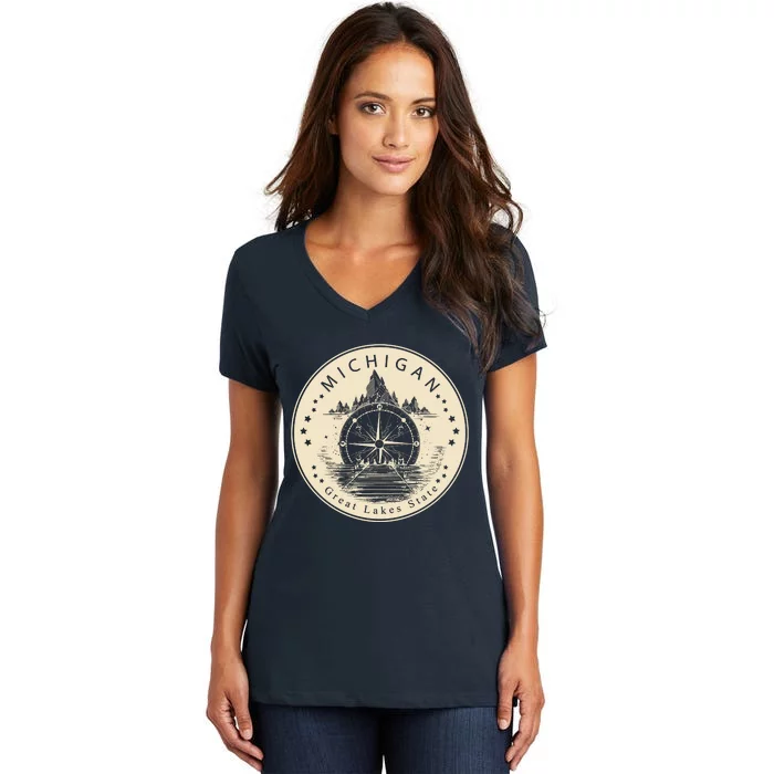 Michigan Compass Great Lake State MI Pride USA Women's V-Neck T-Shirt