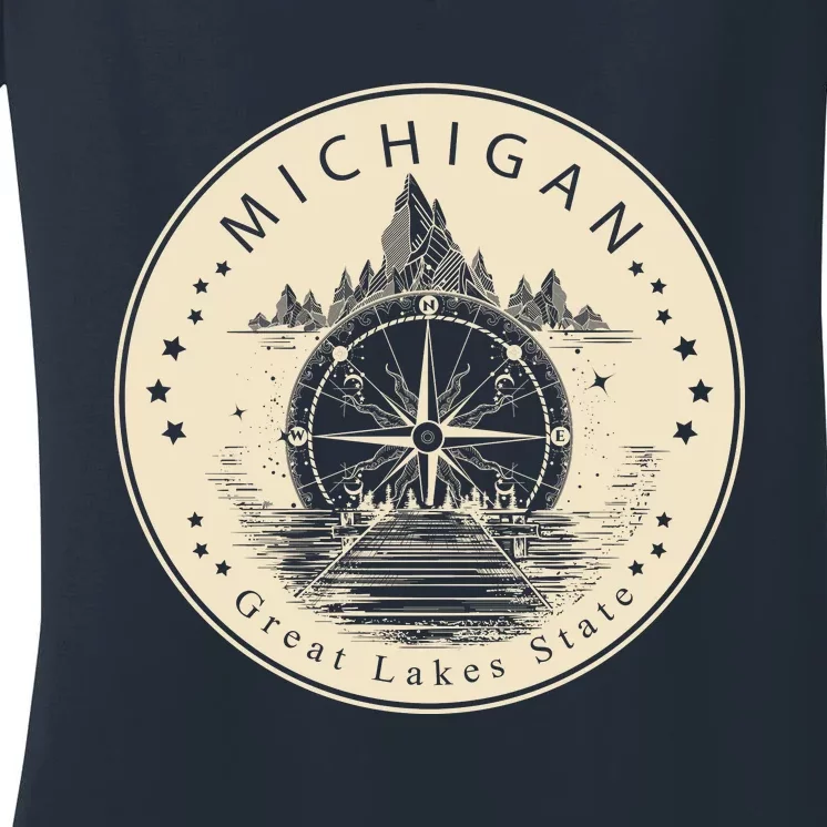 Michigan Compass Great Lake State MI Pride USA Women's V-Neck T-Shirt