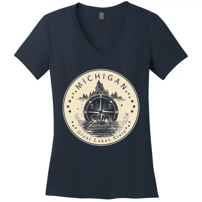 Michigan Compass Great Lake State MI Pride USA Women's V-Neck T-Shirt