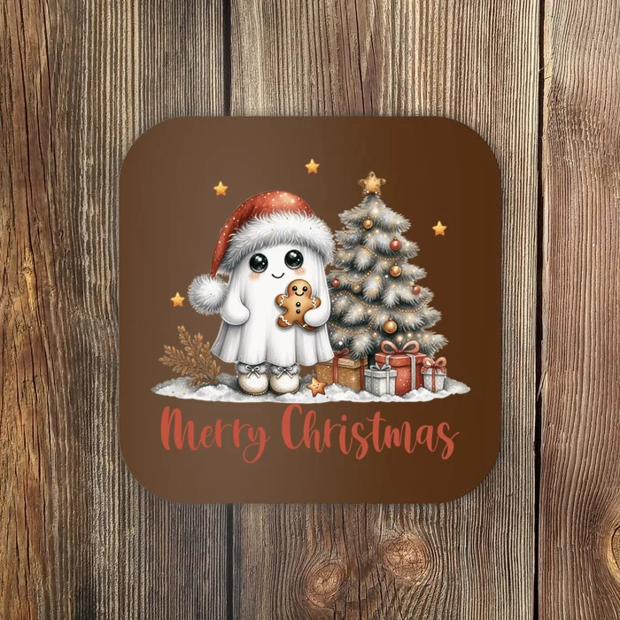 Merry Christmas Ghost With Santa Hat Xmas Tree Lights Gift Coaster