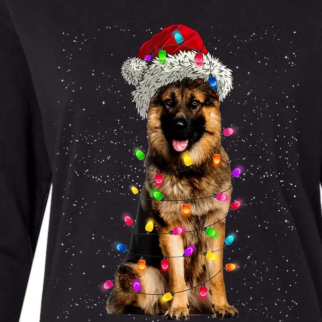 Merry Christmas German Shepherd Santa Hat Lights Xmas Womens Cotton Relaxed Long Sleeve T-Shirt