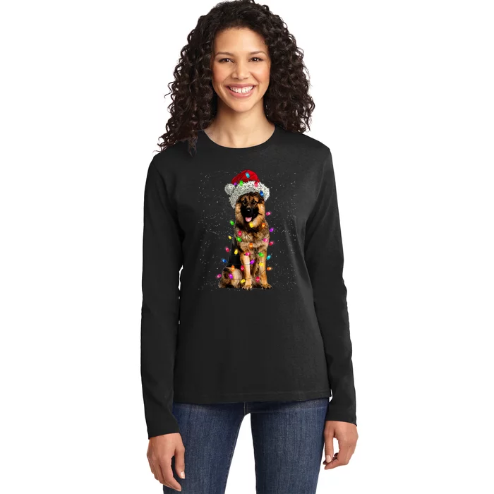 Merry Christmas German Shepherd Santa Hat Lights Xmas Ladies Long Sleeve Shirt