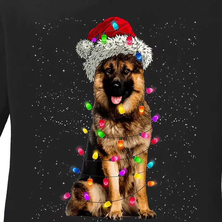 Merry Christmas German Shepherd Santa Hat Lights Xmas Ladies Long Sleeve Shirt