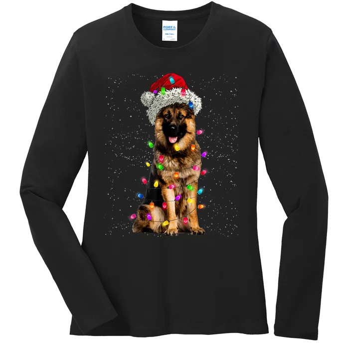 Merry Christmas German Shepherd Santa Hat Lights Xmas Ladies Long Sleeve Shirt