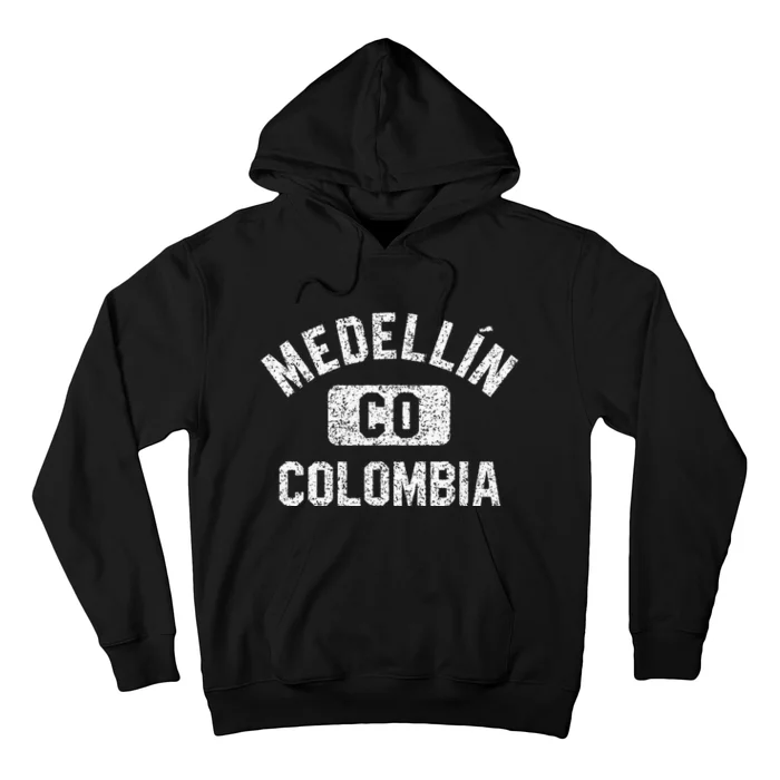 Medellin Colombia Gym Style Distressed White Print Hoodie