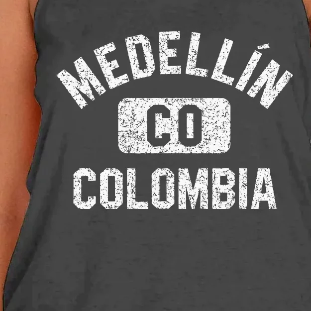 Medellin Colombia Gym Style Distressed White Print Women's Knotted Racerback Tank