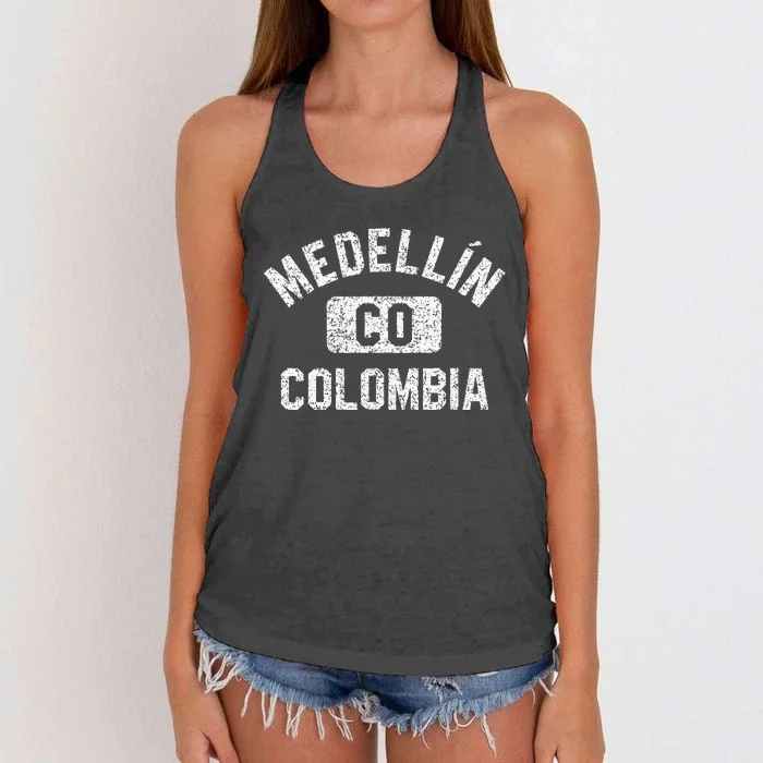 Medellin Colombia Gym Style Distressed White Print Women's Knotted Racerback Tank