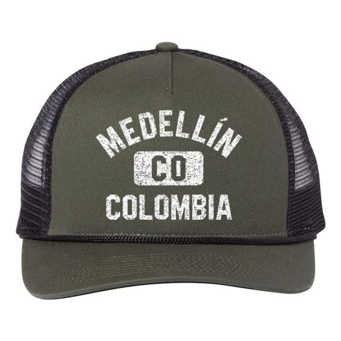 Medellin Colombia Gym Style Distressed White Print Retro Rope Trucker Hat Cap