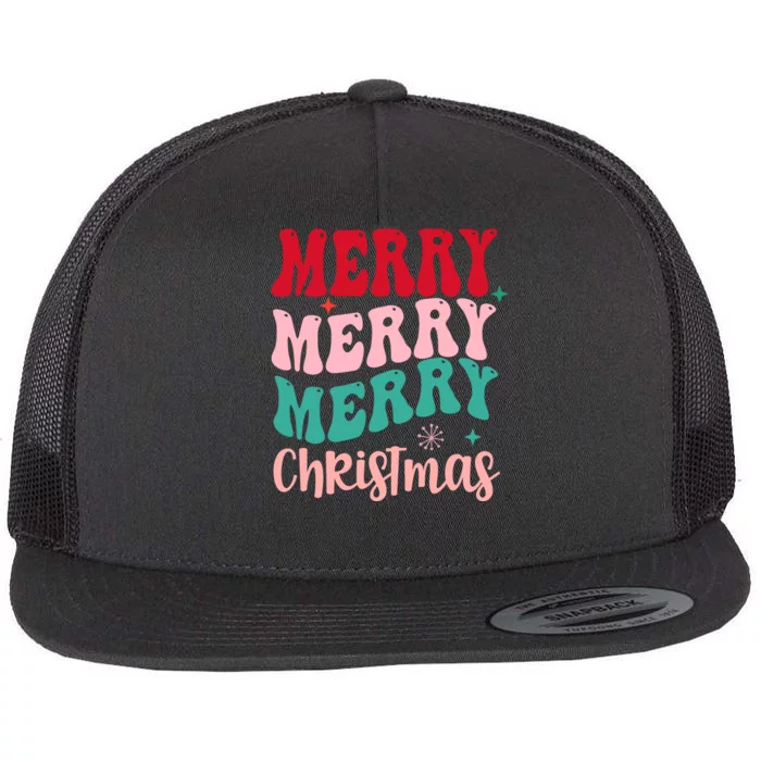 Merry Christmas Groovy Holiday Festive Flat Bill Trucker Hat