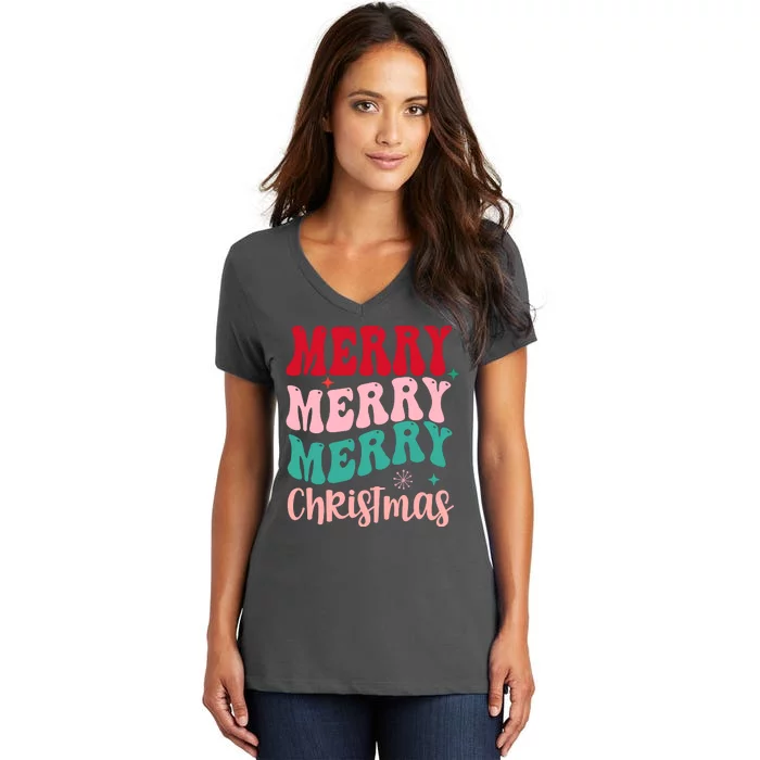 Merry Christmas Groovy Holiday Festive Women's V-Neck T-Shirt