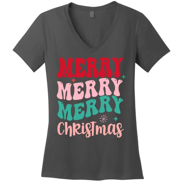 Merry Christmas Groovy Holiday Festive Women's V-Neck T-Shirt