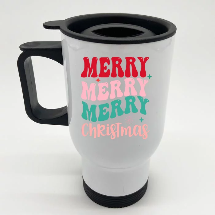 Merry Christmas Groovy Holiday Festive Front & Back Stainless Steel Travel Mug