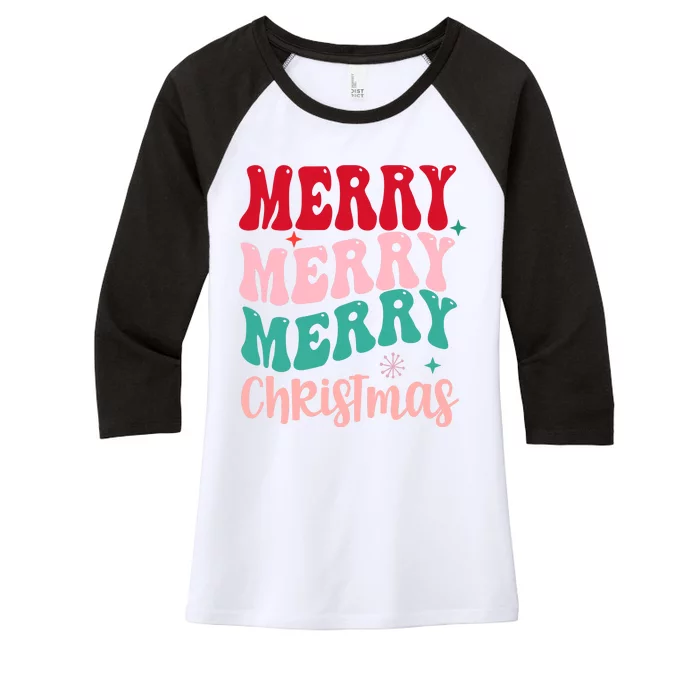 Merry Christmas Groovy Holiday Festive Women's Tri-Blend 3/4-Sleeve Raglan Shirt