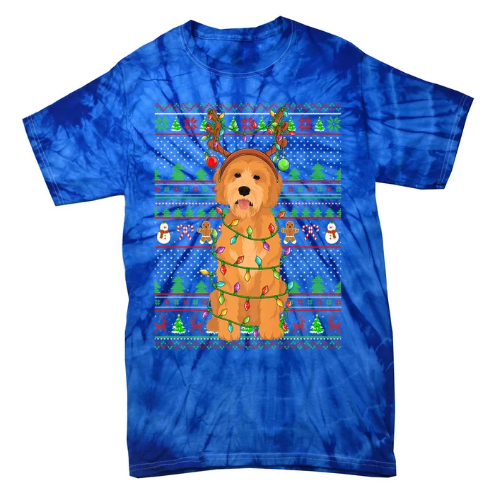 Merry Christmas Golden Doodle Dog Reindeer Xmas Lights Ugly Gift Tie-Dye T-Shirt