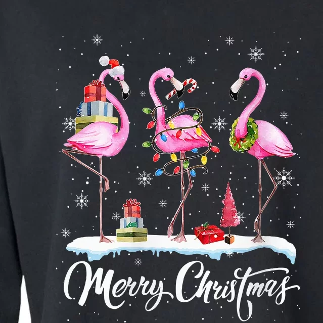 Merry Christmas Hat Santa Flamingo Light Snow Xmas Pajamas Cropped Pullover Crew